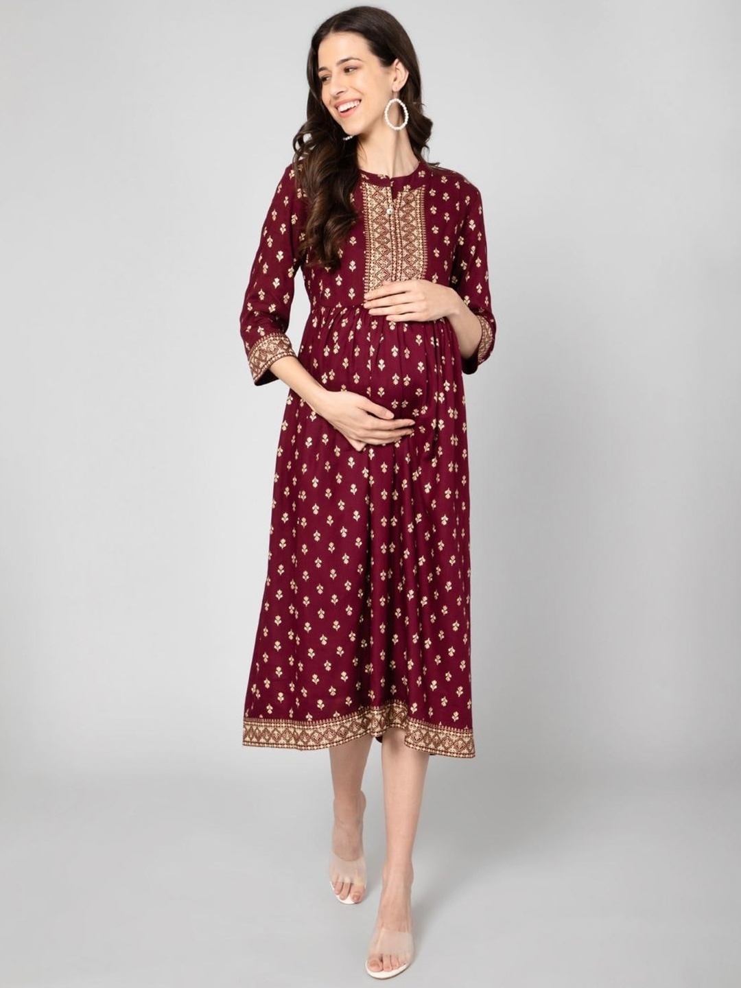 

House Of Zelena Ethnic Motifs Print Maternity Fit & Flare Midi Dress, Maroon