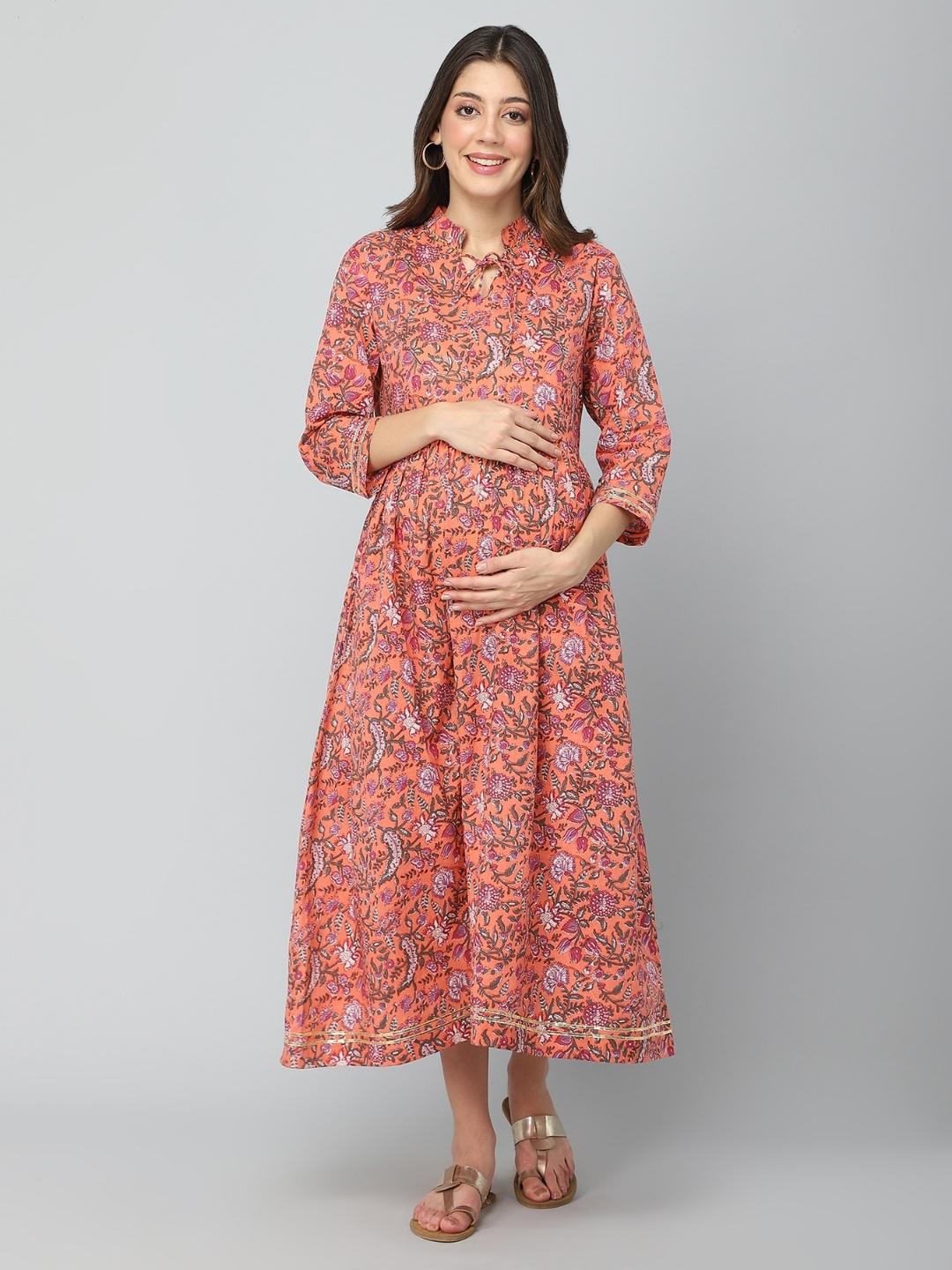 

House Of Zelena Floral Print Maternity A-Line Midi Dress, Orange