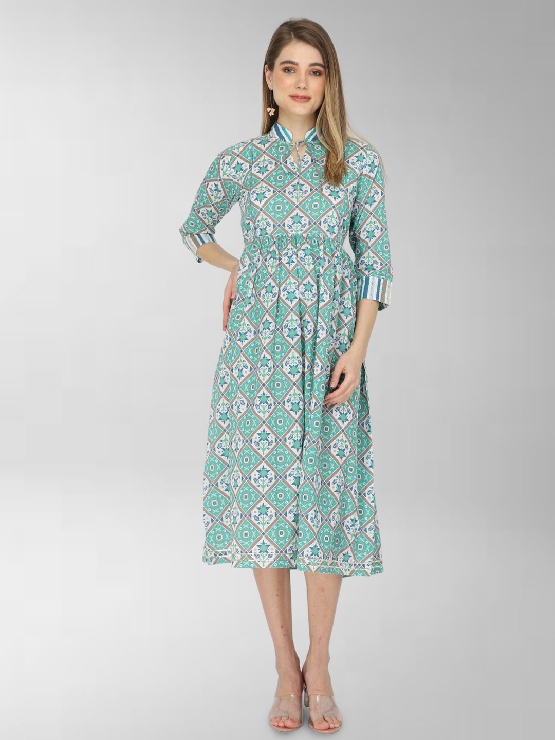 

House Of Zelena Ethnic Motifs Print Maternity Shirt Midi Dress, Green
