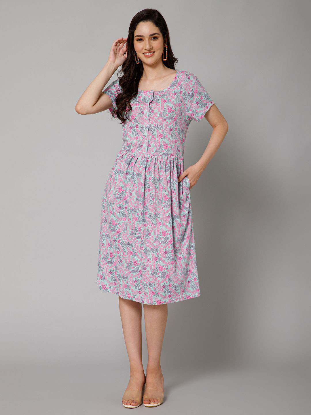 

House Of Zelena Floral Printed Round Neck Fit & Flare Pleated Cotton Dress, Green
