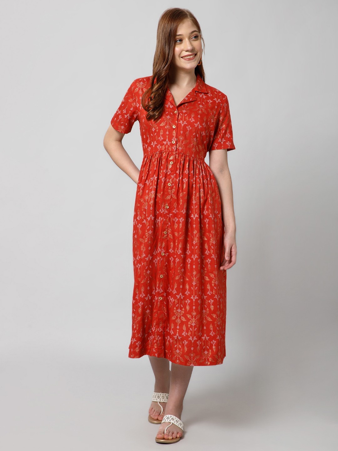 

House Of Zelena Floral Printed Shirt Collar Fit & Flare Pleated Maternity Cotton Dress, Red