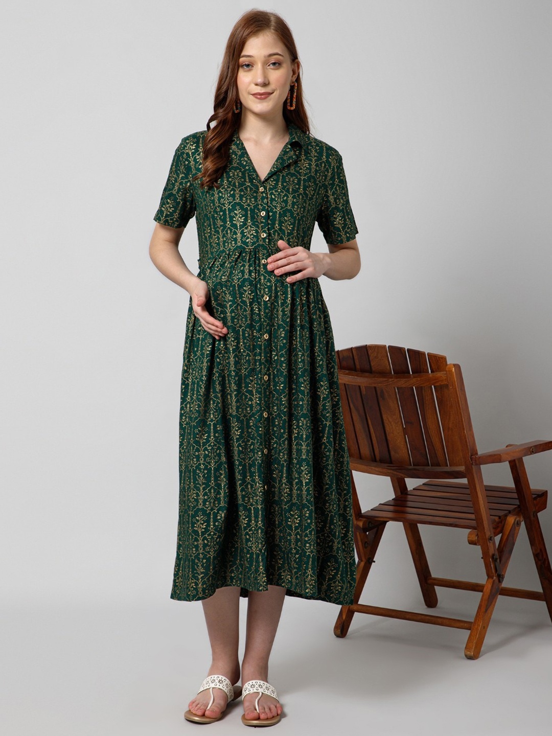 

House Of Zelena Floral Printed Shirt Collar Fit & Flare Maternity Dress, Green