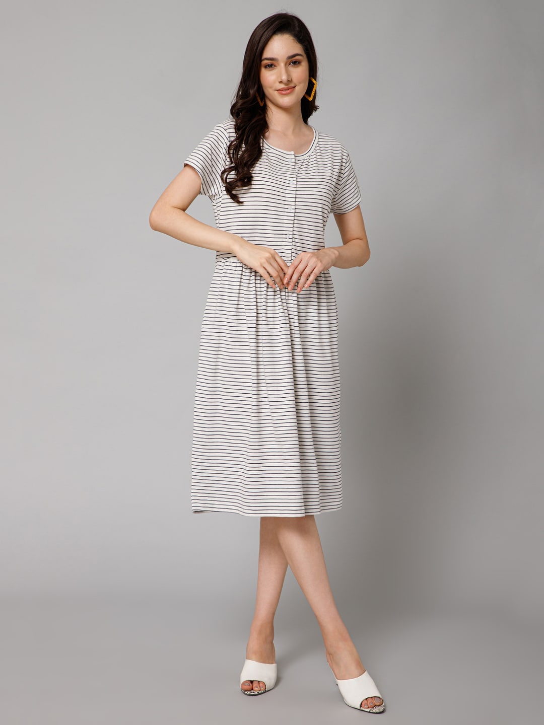 

House Of Zelena Striped Round Neck Fit & Flare Maternity Dress, White