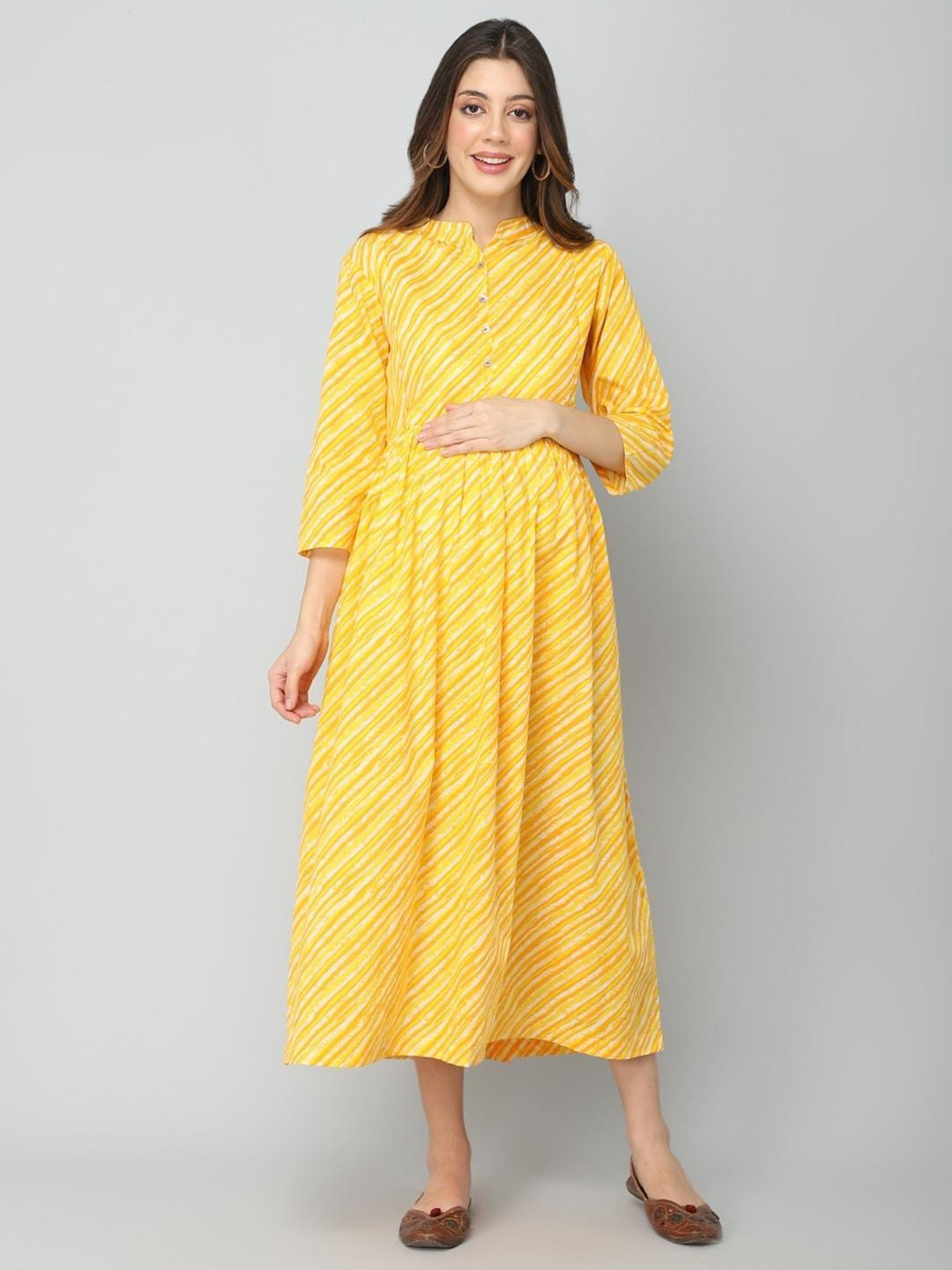 

House Of Zelena Striped Printed Mandarin Collar Fit & flare Midi Maternity Ethnic Dress, Yellow