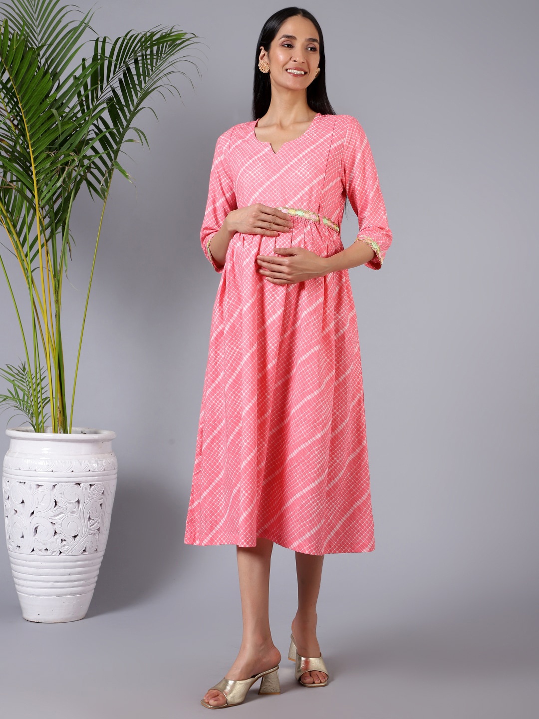 

House Of Zelena Striped Printed Fit & flare Midi Maternity Ethnic Dress, Pink