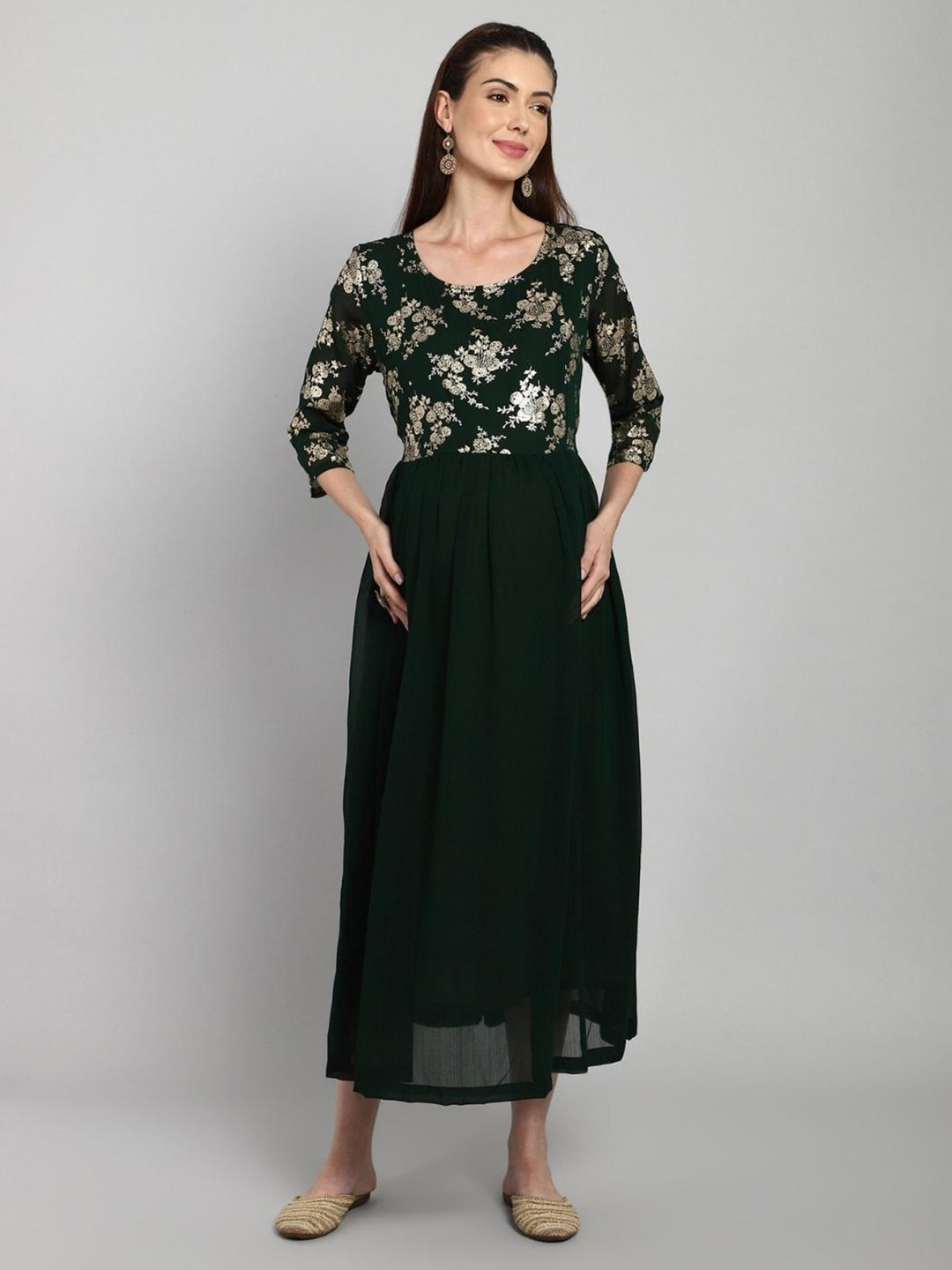 

House Of Zelena Floral Print Slit Sleeve Georgette Maternity Fit & Flare Midi Dress, Green