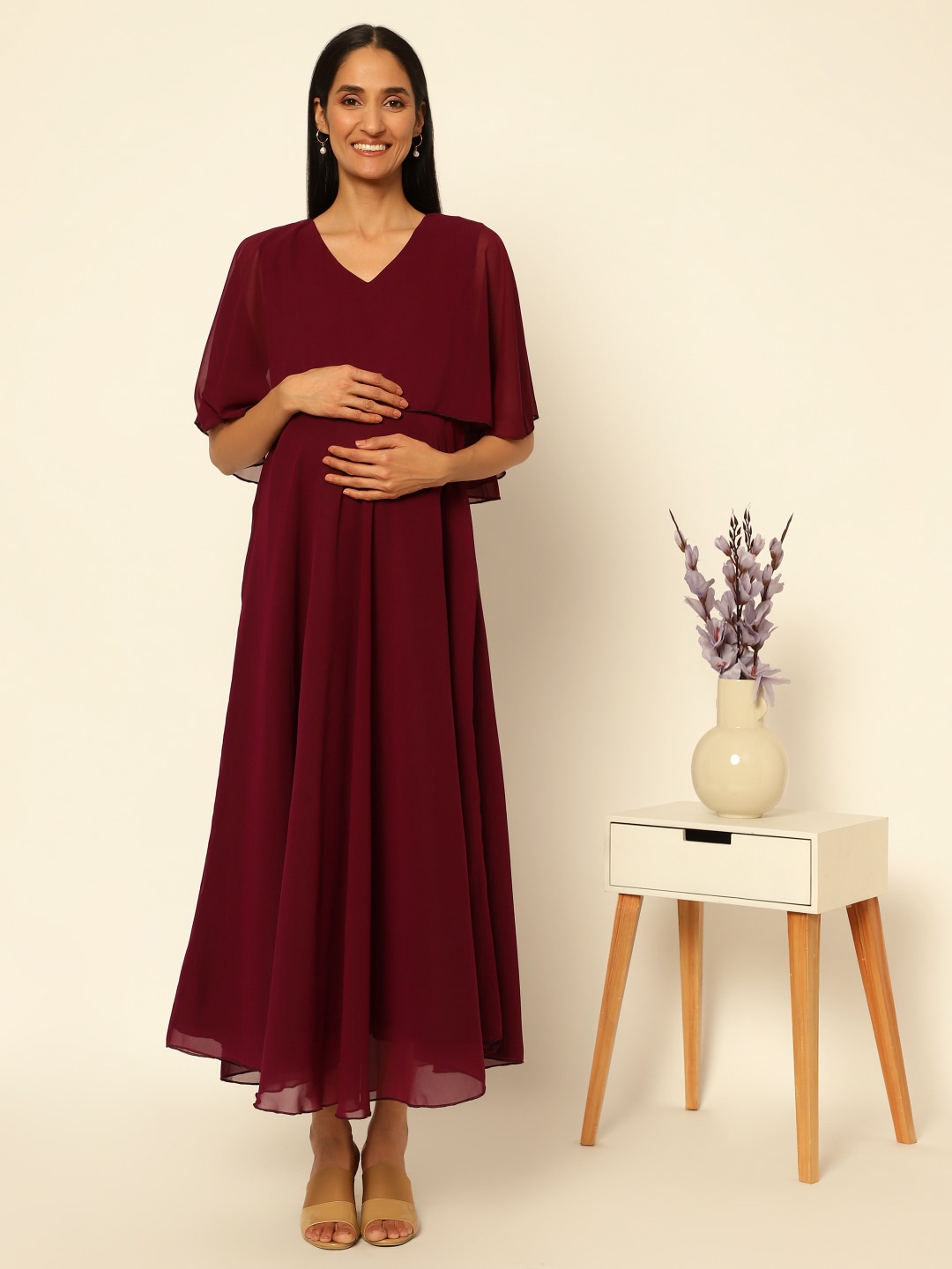 

House Of Zelena V-Neck Cape Sleeves Georgette Maternity A-Line Maxi Dress, Maroon