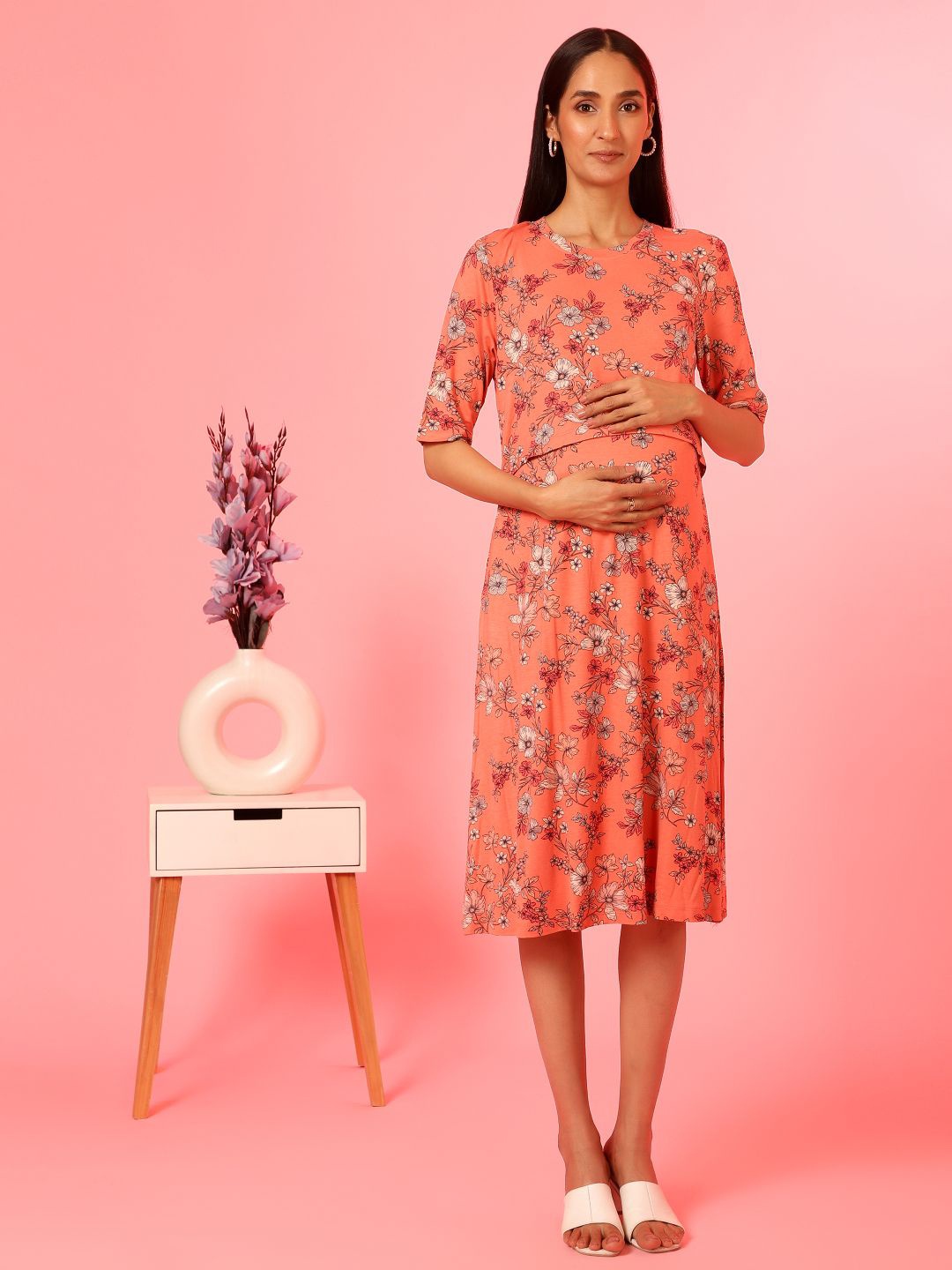 

House Of Zelena Floral Print Cotton Maternity A-Line Dress, Orange