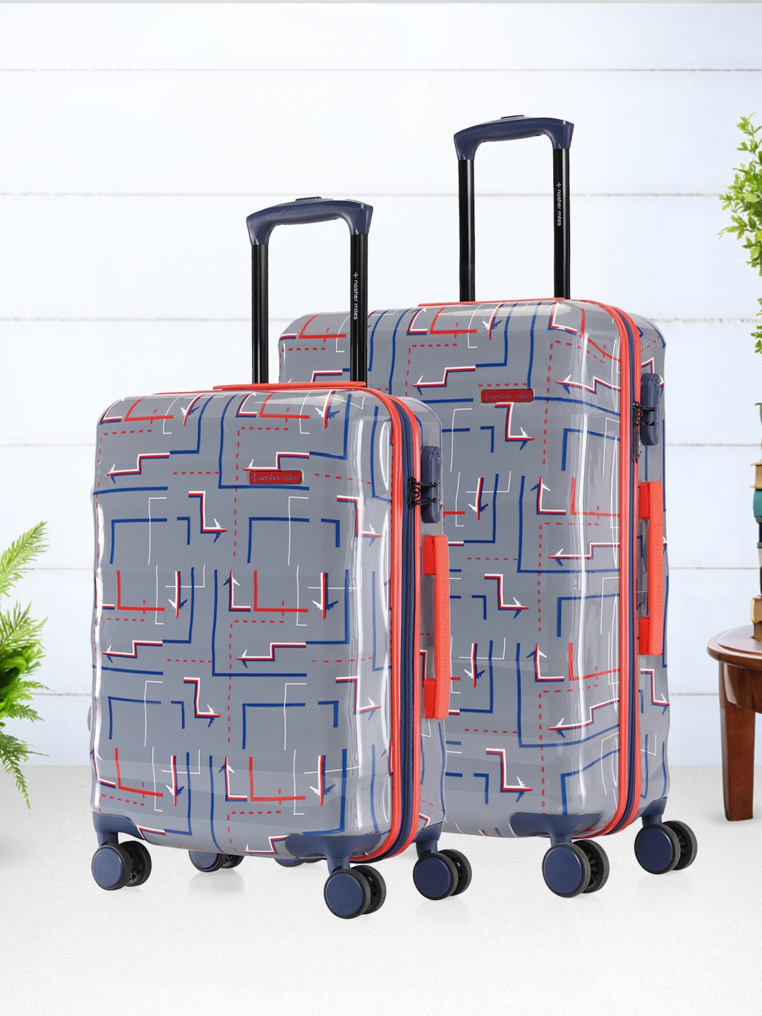 

Nasher Miles Denver Set Of 2 Printed Small & Medium Hard-Sided Trolley Suitcases, Grey