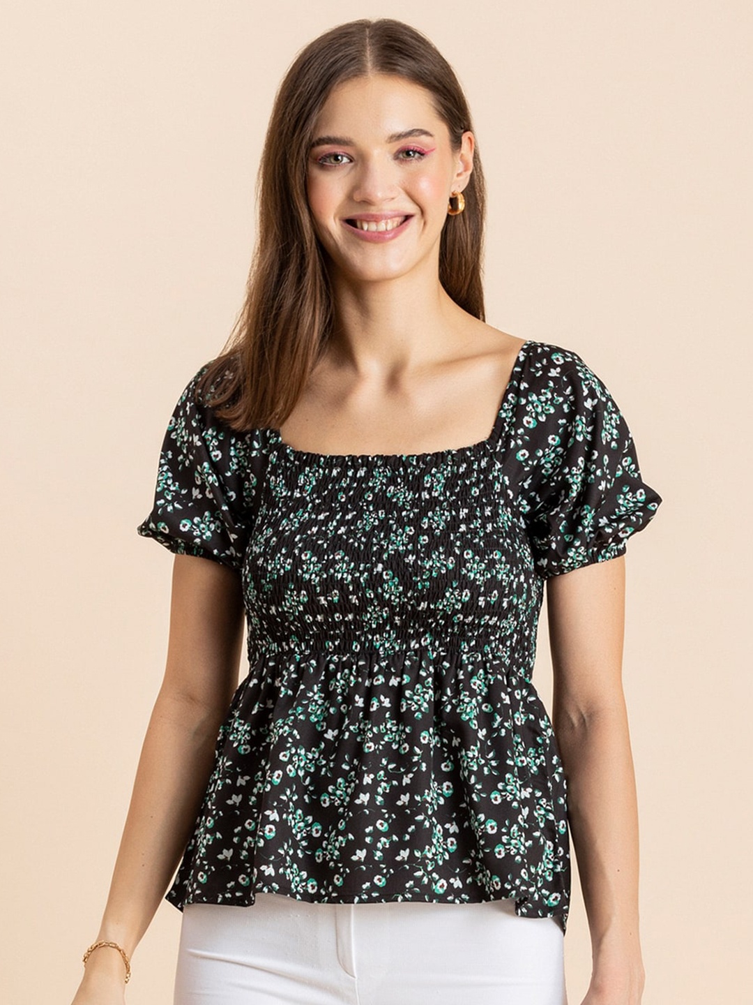 

Moomaya Floral Printed Square Neck Puff Sleeves Smocked Empire Top, Black