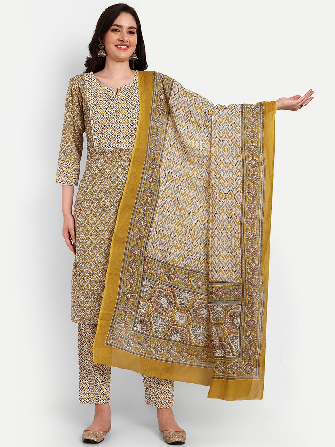

Krati Creations Ethnic Motifs Printed Sequinned Pure Cotton Kurta With Trouser & Dupatta, Mustard