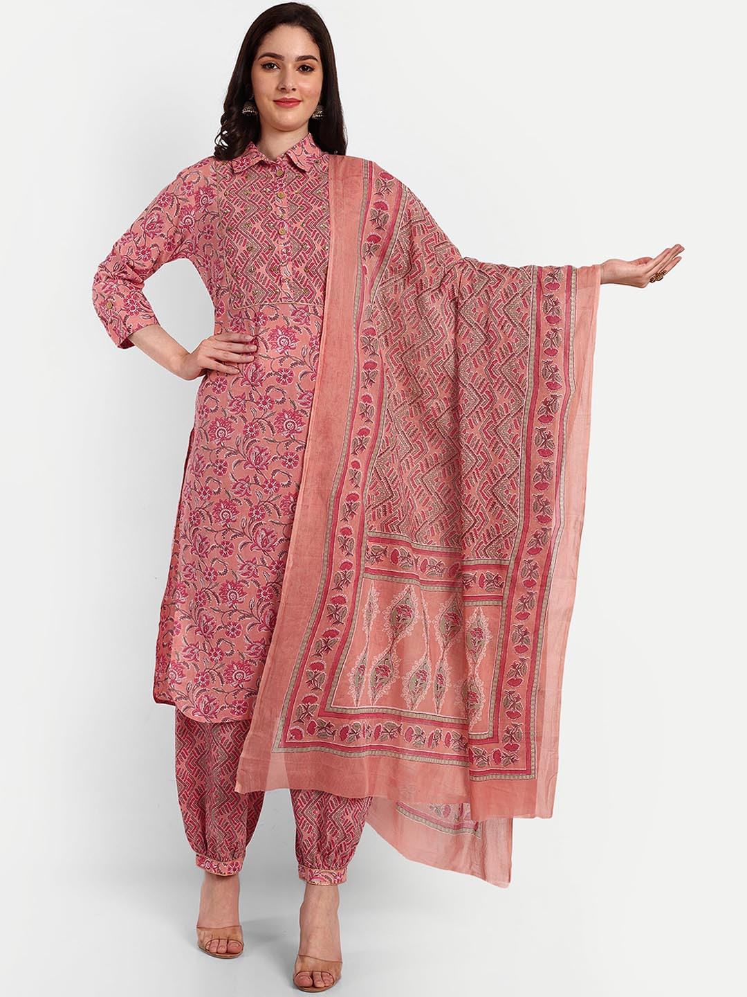 

Krati Creations Printed Regular Beads & Stones Pure Cotton Kurta With Patiala & Dupatta, Peach