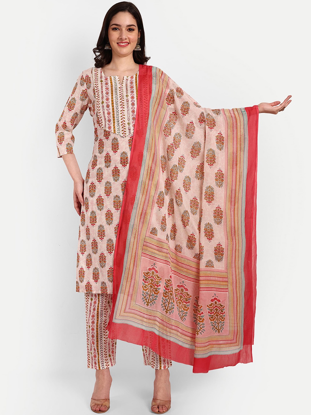 

Krati Creations Floral Printed Regular Sequinned Pure Cotton Kurta With Trousers & Dupatta, Peach