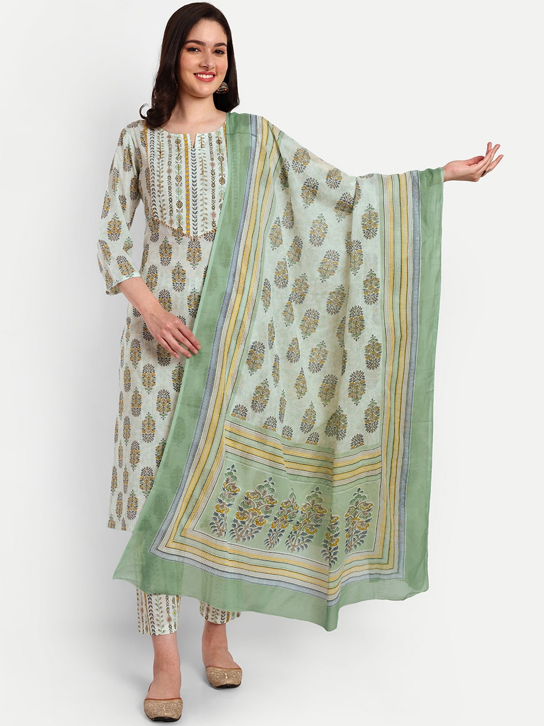 

Krati Creations Floral Printed Regular Sequinned Pure Cotton Kurta With Trousers & Dupatta, Green