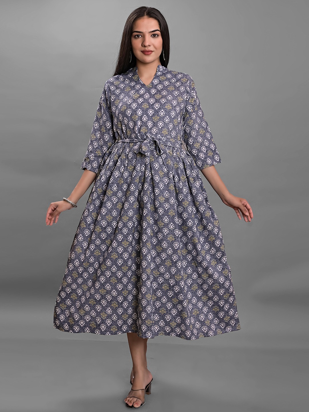 

Girly Girls Floral Printed Mandarin Collar Fit & Flare Midi Dress, Grey
