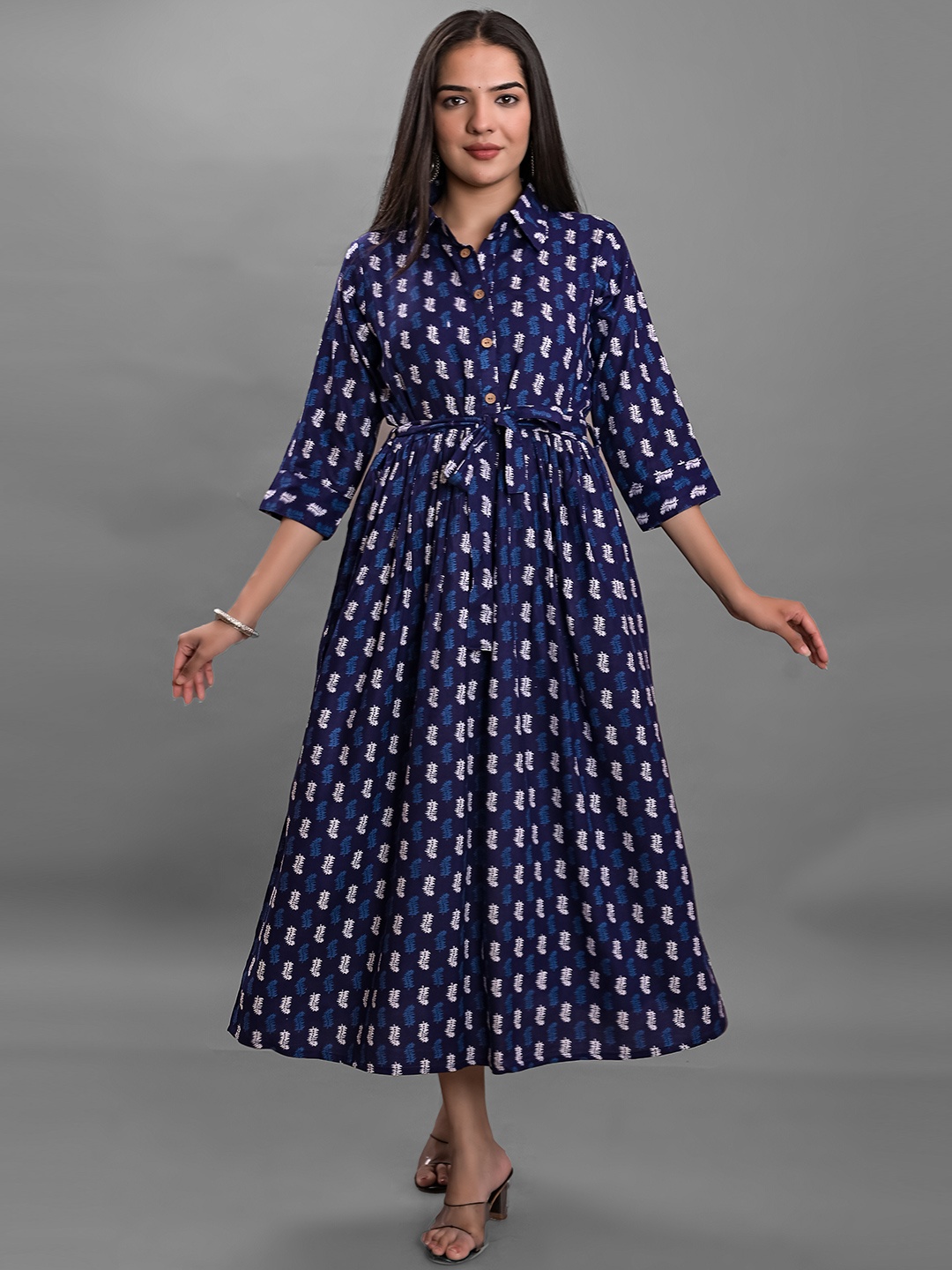 

Girly Girls Floral Printed Shirt Collar Fit & Flare Midi Dress, Navy blue