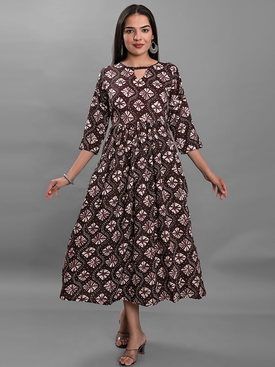 

Girly Girls Ethnic Motifs Printed Keyhole Neck Fit & Flare Ethnic Dress, Brown