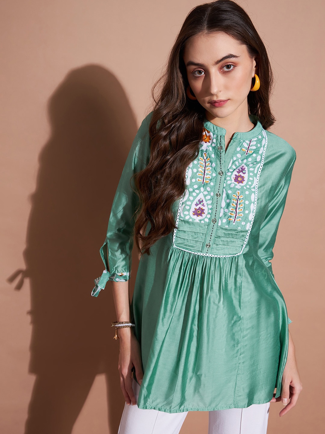 

DressBerry Sea Green Floral Embroidered Longline Top