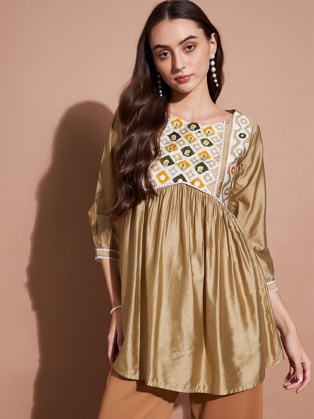 

DressBerry Ethnic Motifs Printed Sequined Longline Top, Gold