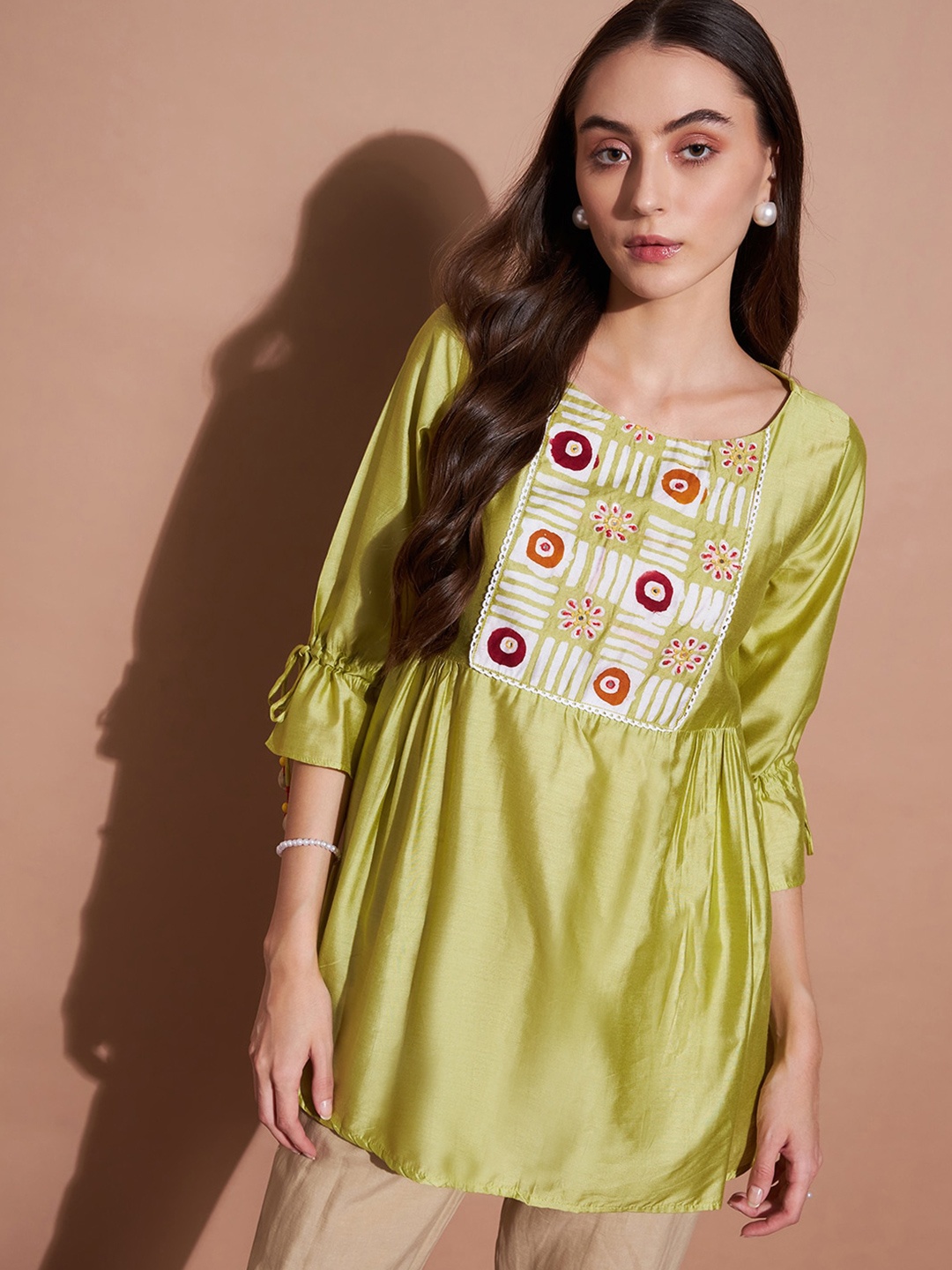 

DressBerry Ethnic Motifs Printed Bell Sleeves Longline A-Line Top, Green