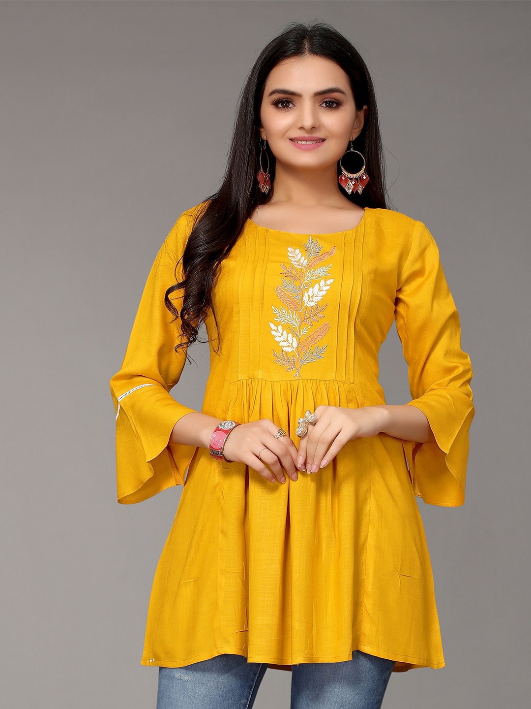 

Nimayaa Floral Embroidered Bell Sleeves Crop Top, Yellow