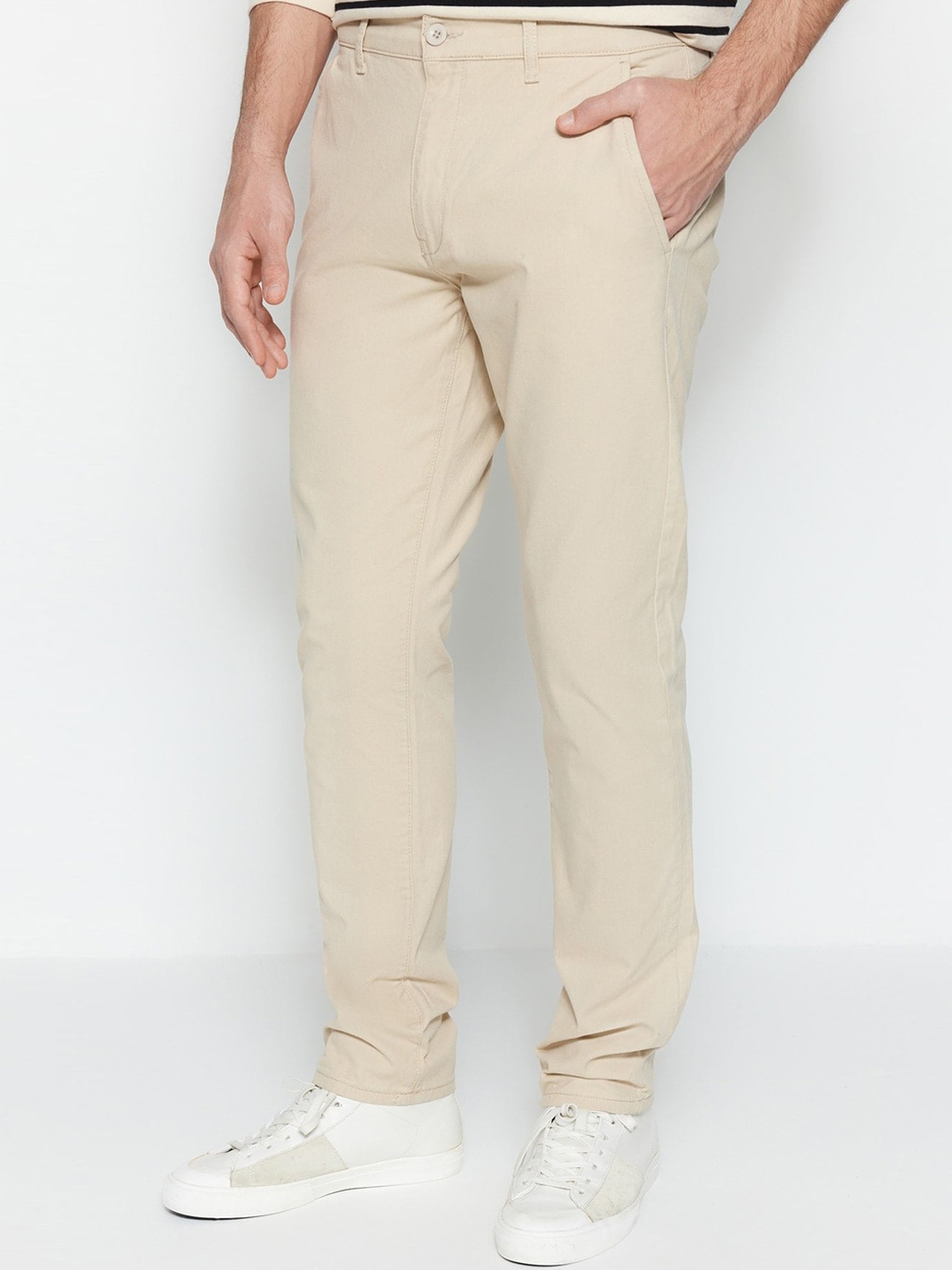 

Trendyol Men Mid-Rise Casual Pure Cotton Chinos Trousers, Beige