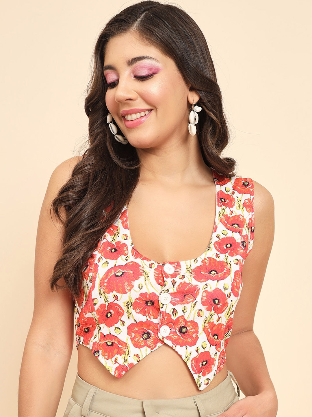 

MAZIE Floral Printed Scoop Neck Crop Top, Pink