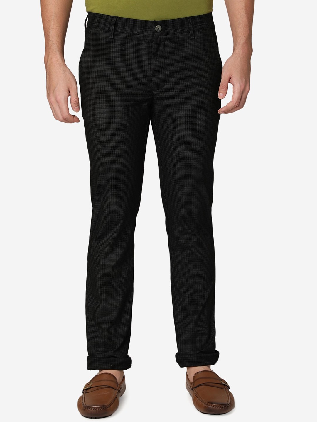 

Greenfibre Men Checked Slim Fit Cotton Trousers, Black