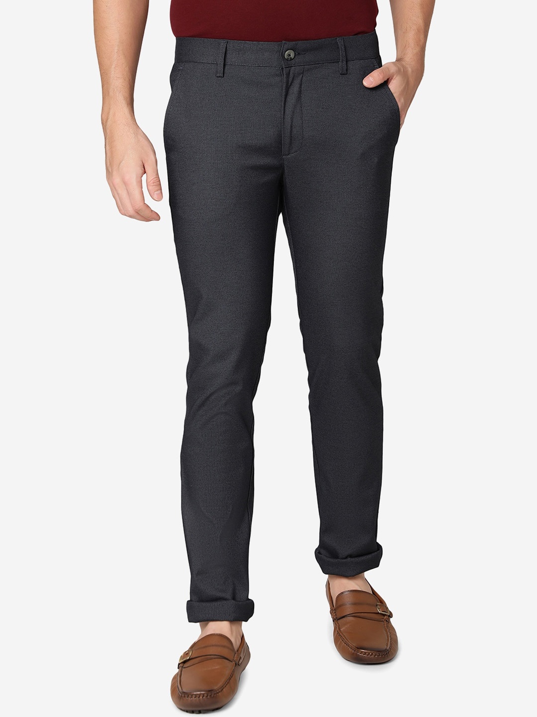 

Greenfibre Men Textured Slim Fit Cotton Trousers, Blue