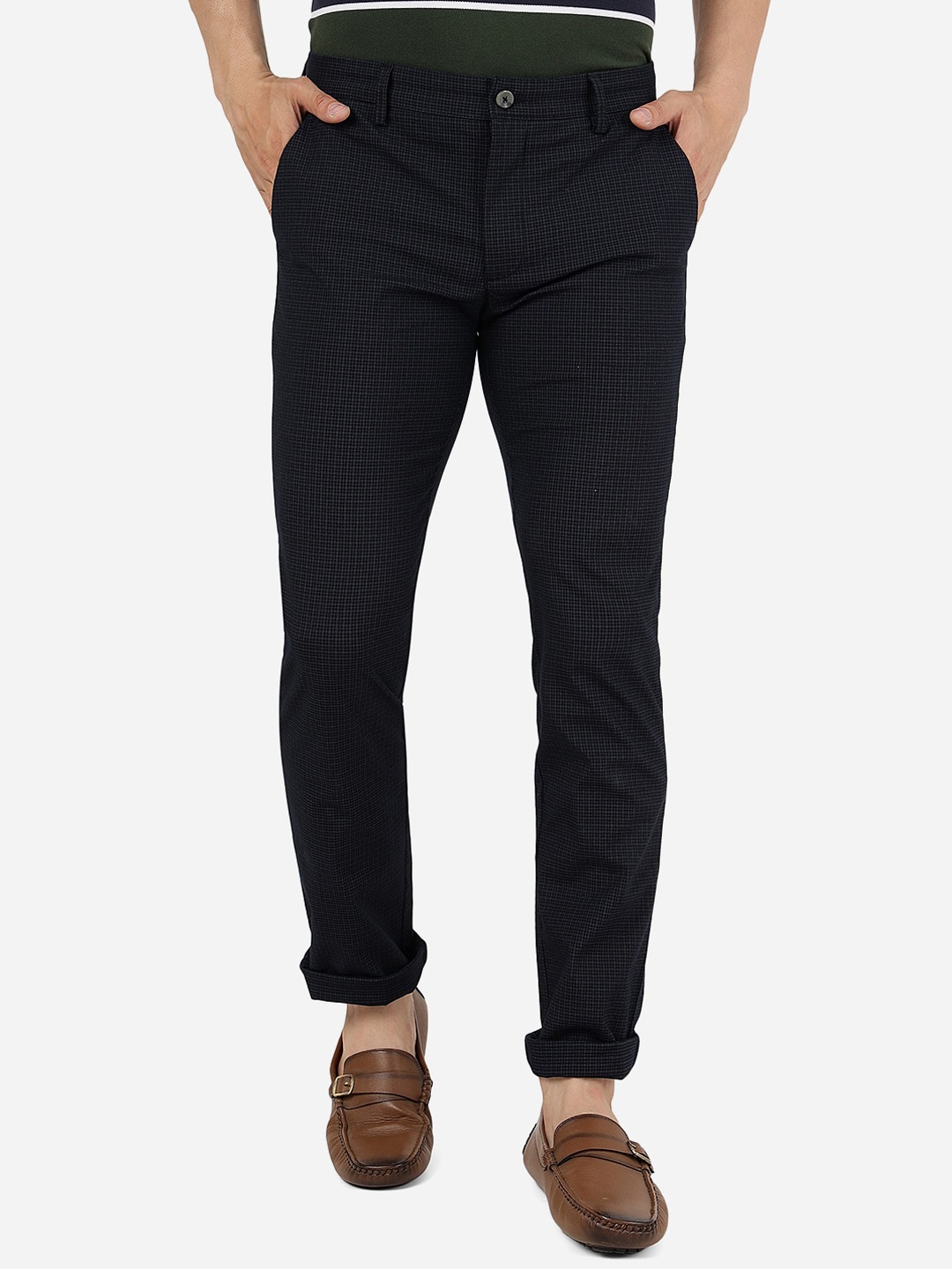 

Greenfibre Men Mid-Rise Checked Slim Fit Cotton Chinos Trousers, Blue