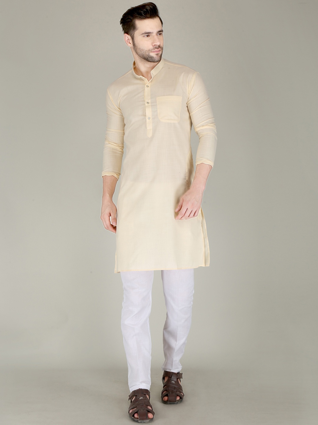 

FUBAR Mandarin Collar Regular Kurta with Pyjamas, Beige