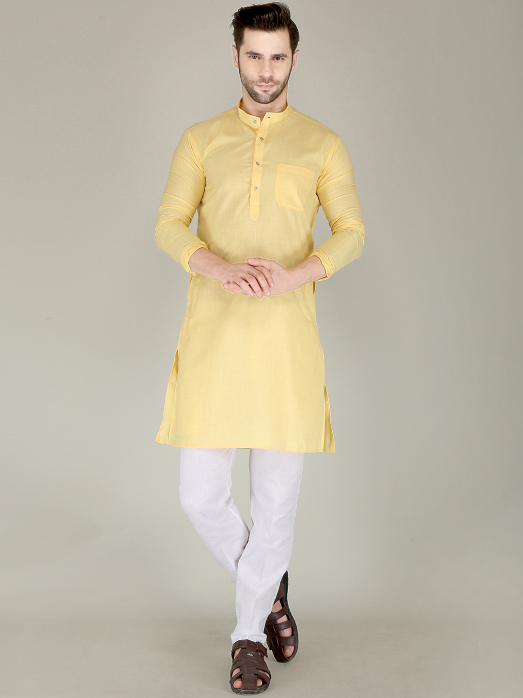 

FUBAR Mandarin Collar Regular Kurta with Pyjamas, Yellow