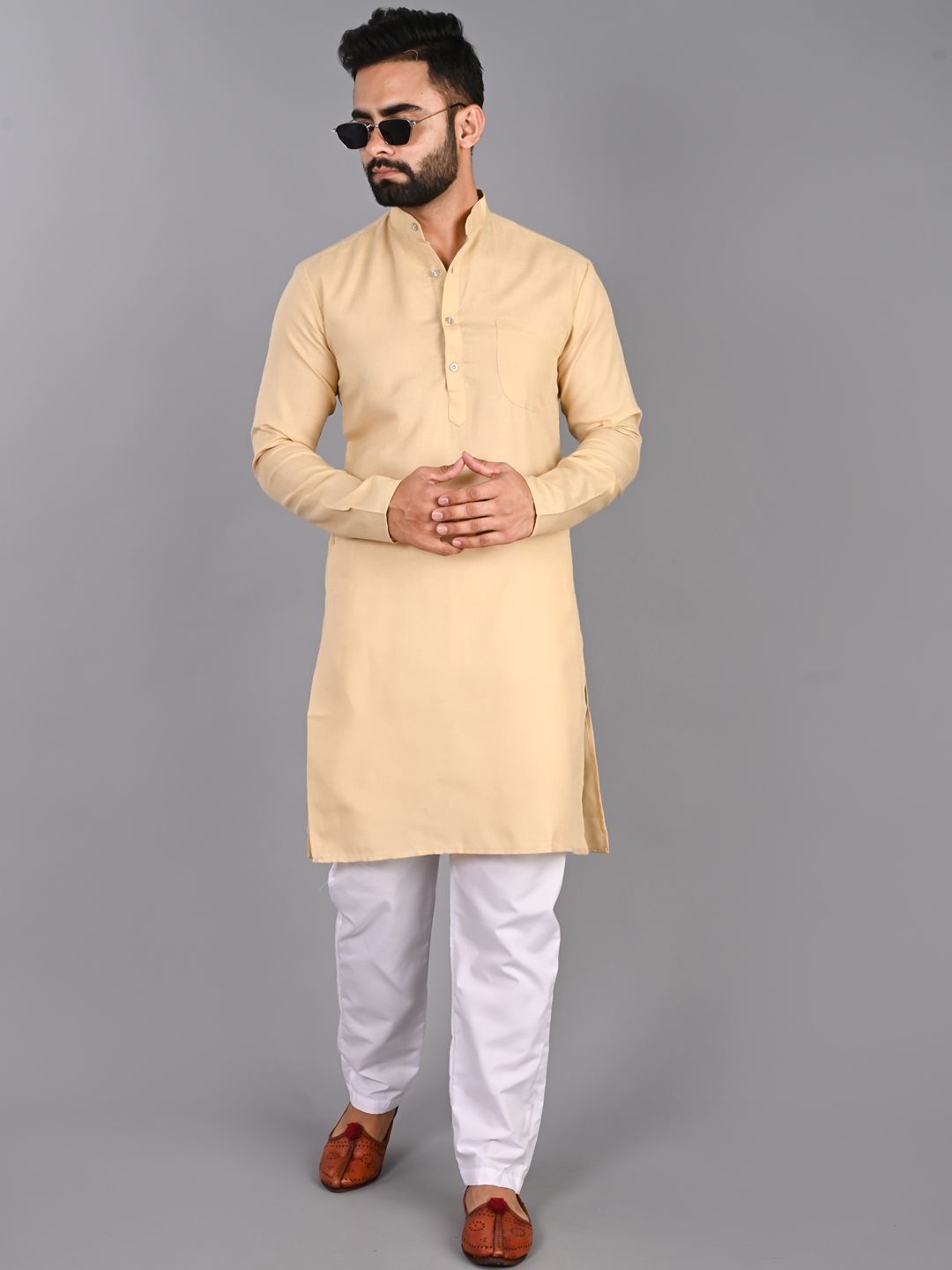 

FUBAR Band Collar Long Sleeve Straight Kurta with Pyjamas, Beige