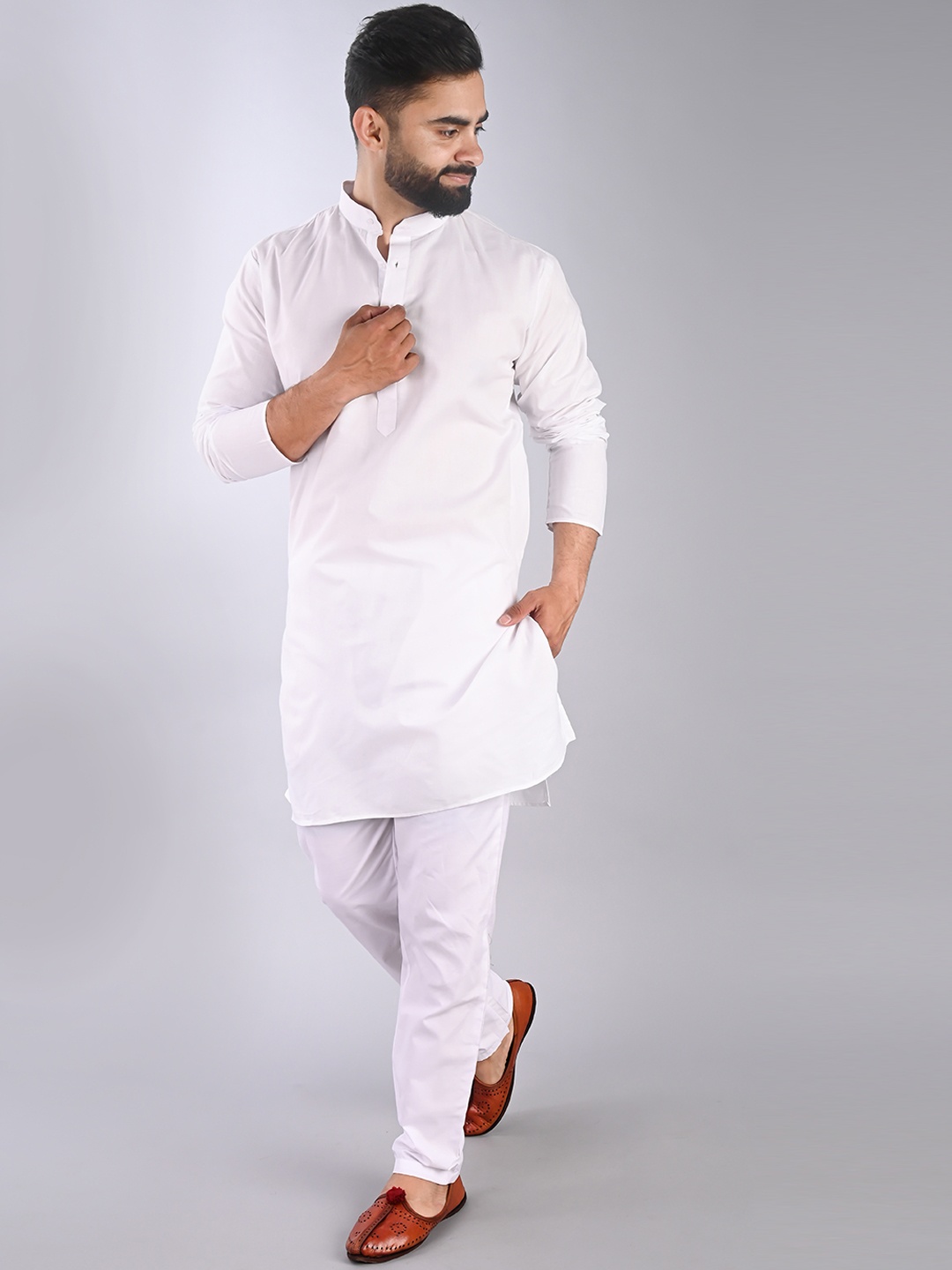 

FUBAR Mandarin Collar Regular Kurta with Pyjamas, White