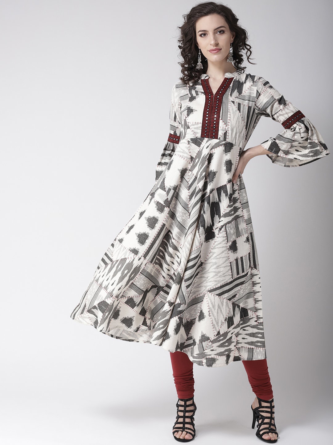 

RANGMAYEE Abstract Printed Mirror Work Pure Cotton A Line Kurta, White