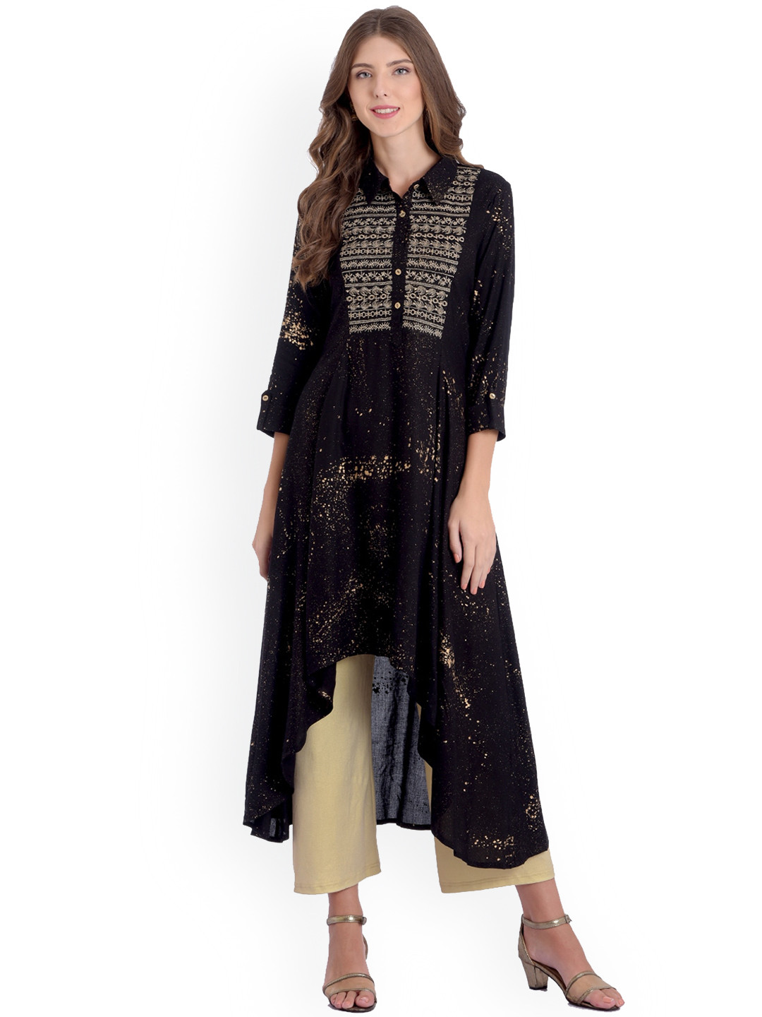 

RANGMAYEE Abstract Yoke Design Thread Work A Line Kurta, Black