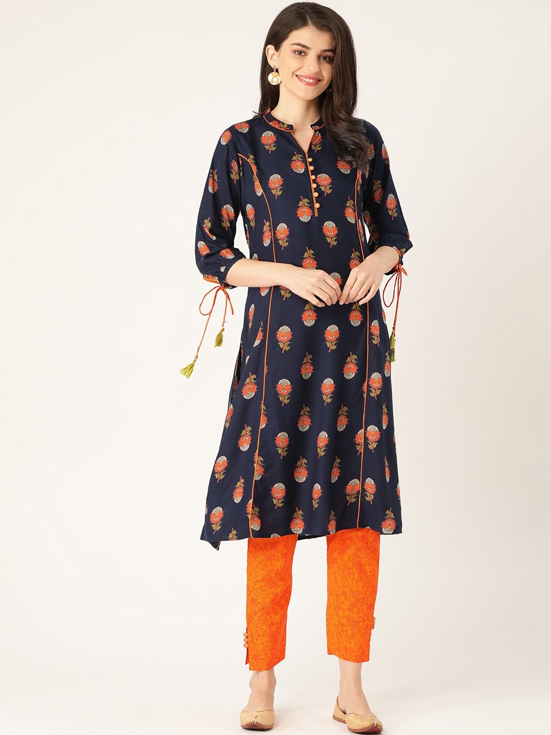 

RANGMAYEE Ethnic Motifs Printed Mandarin Collar Straight Kurta With Trousers, Navy blue