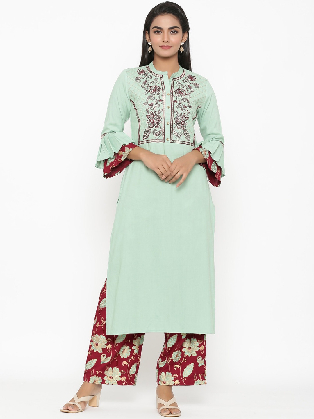 

RANGMAYEE Floral Yoke Design Regular Thread Work Kurta with Palazzo, Green