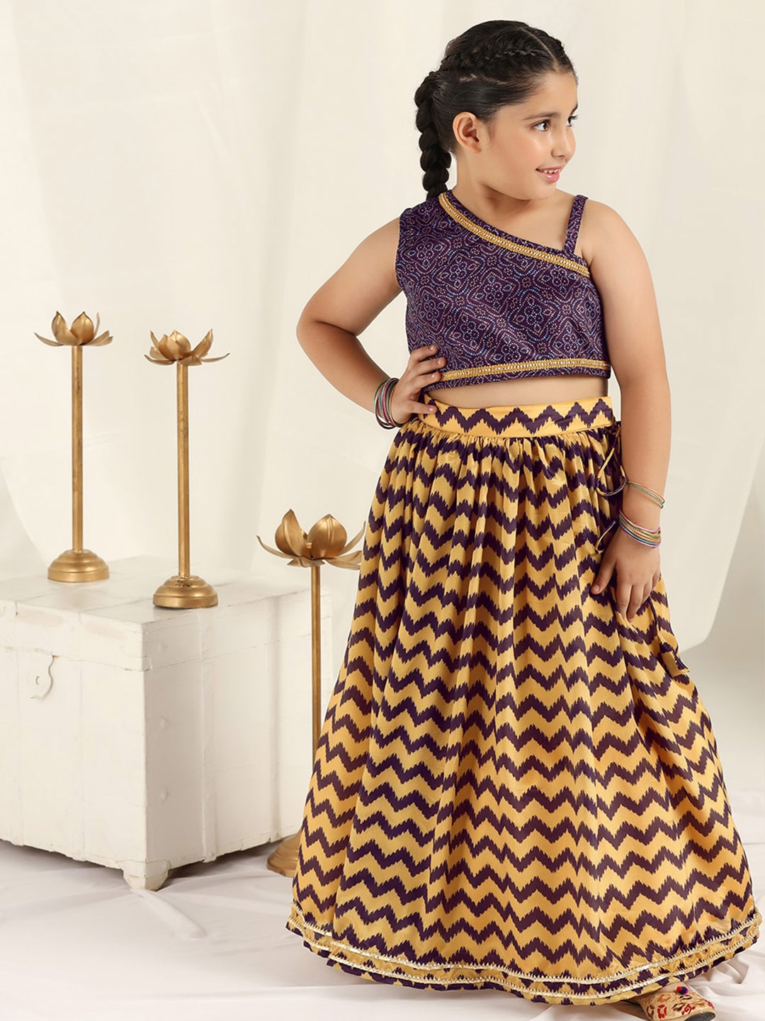 

FASHION DREAM Girls Bandhani Printed One Shoulder Lehenga With Blouse, Navy blue