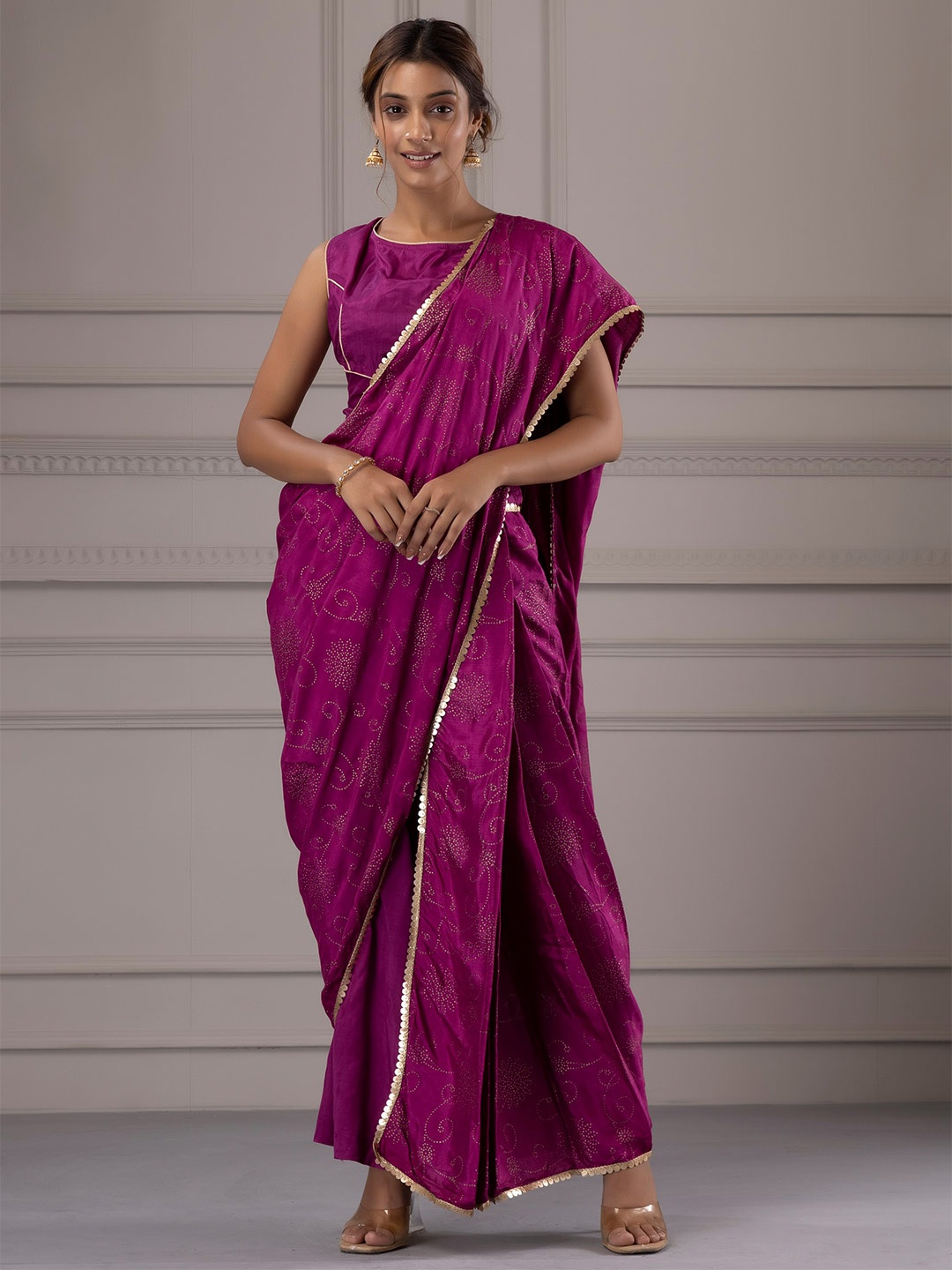 

Geroo Jaipur Ethnic Motifs Printed Satin Saree, Purple