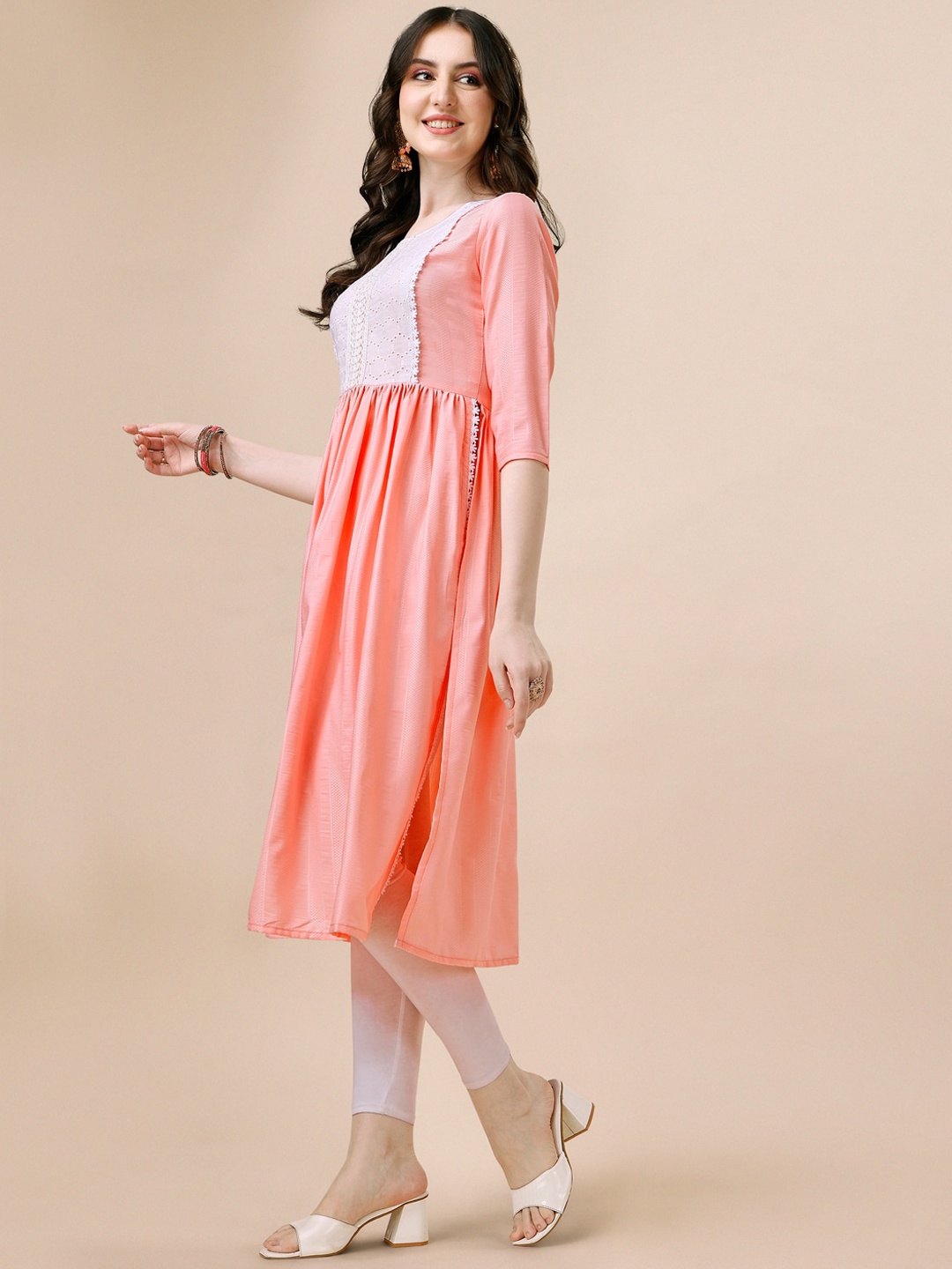 

Sangria Round Neck Patchwork High Slit Silk A-Line Kurta, Peach