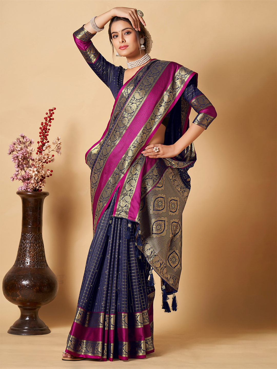 

YAVIRA SILK Ethnic Motifs Woven Design Zari Saree, Navy blue