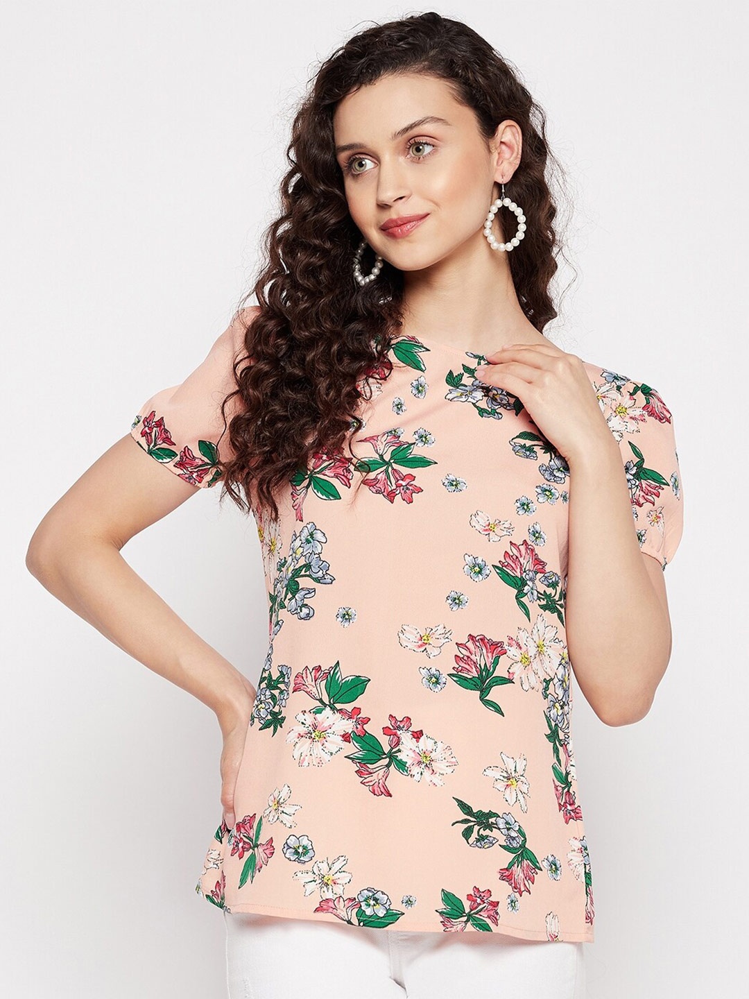 

Nuwah Floral Printed Puff Sleeves Crepe Top, Peach