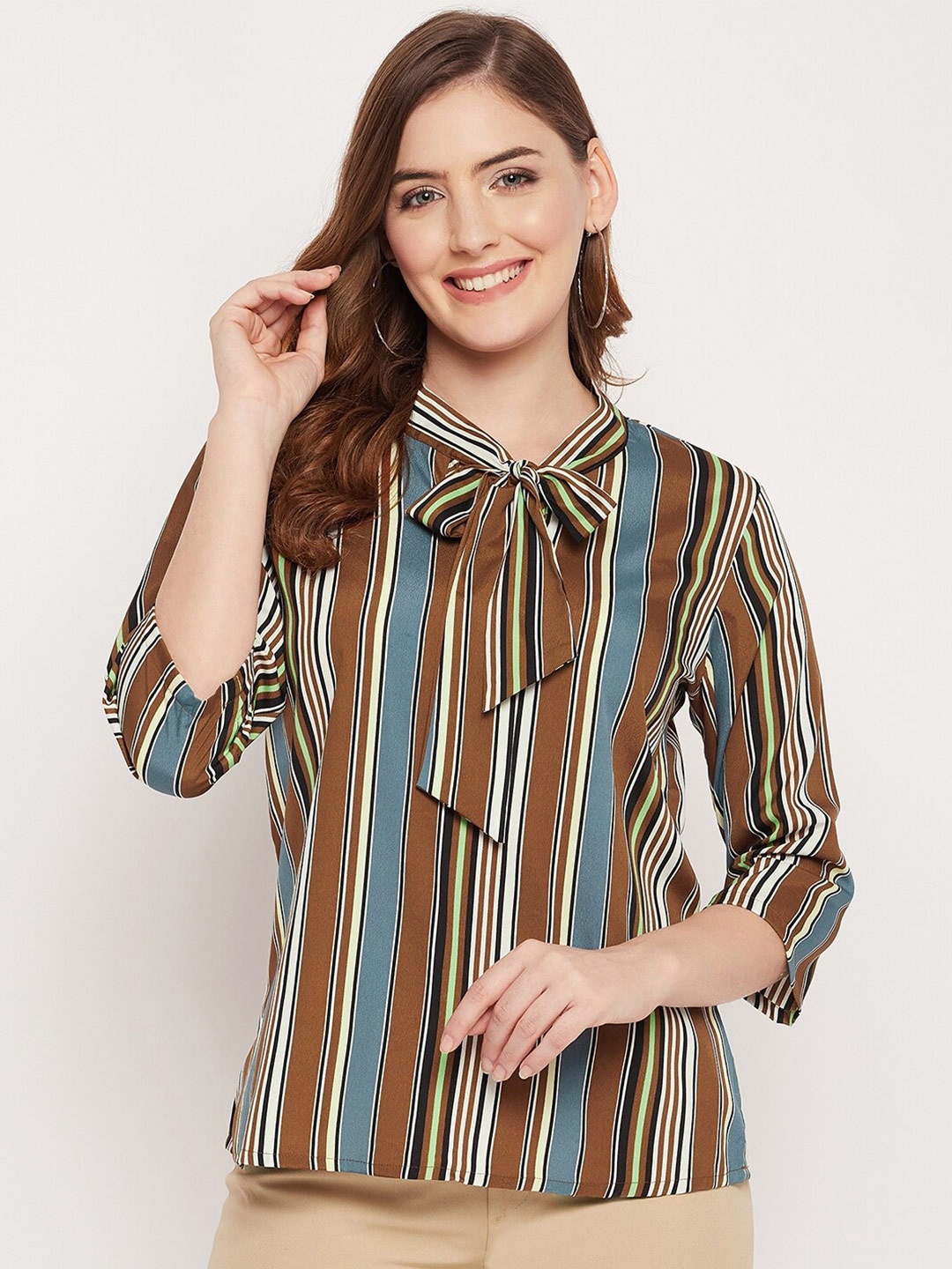 

Nuwah Striped Tie-Up Neck Crepe Top, Brown