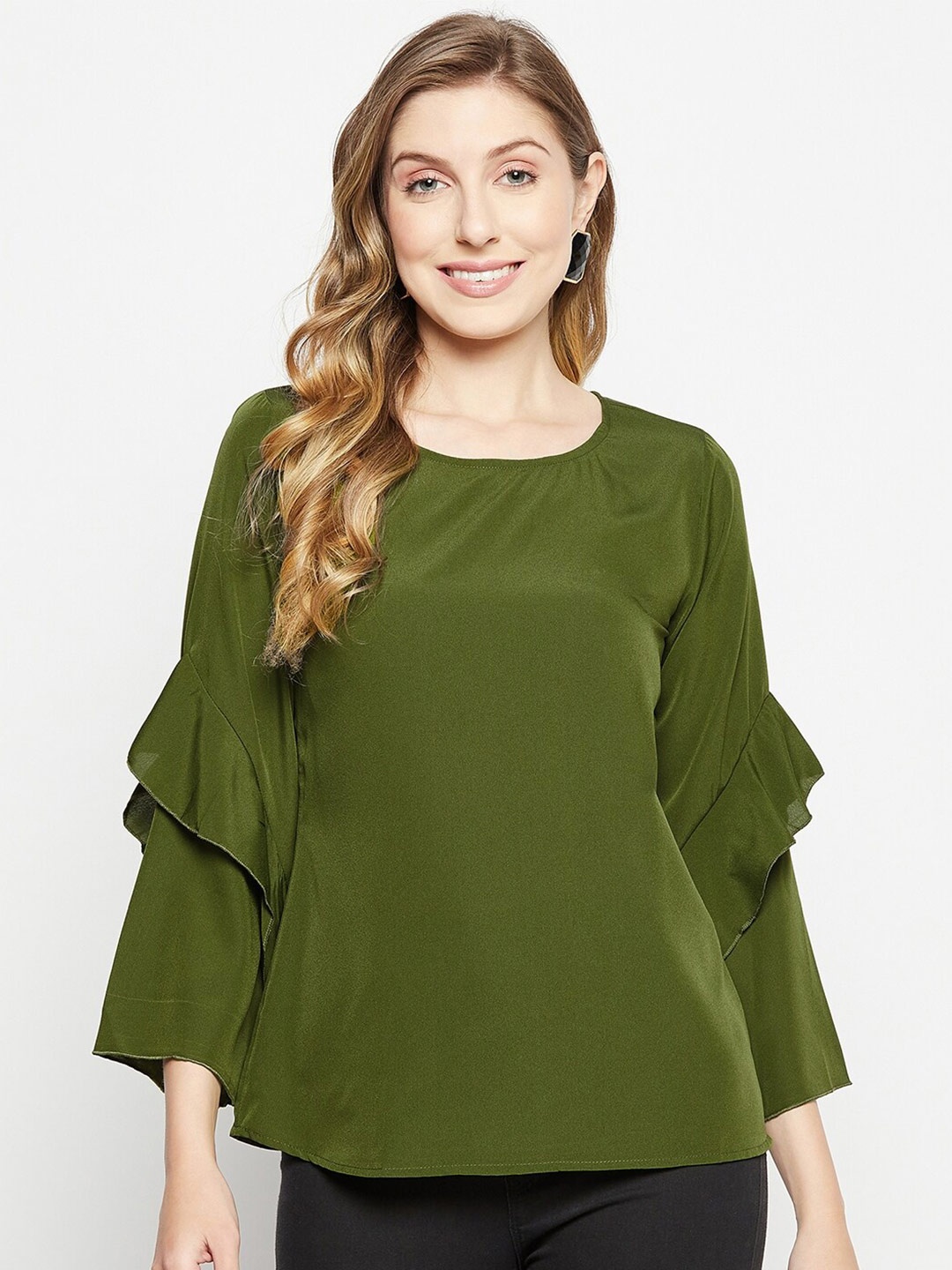 

Nuwah Ruffled Bell Sleeves Crepe Top, Olive