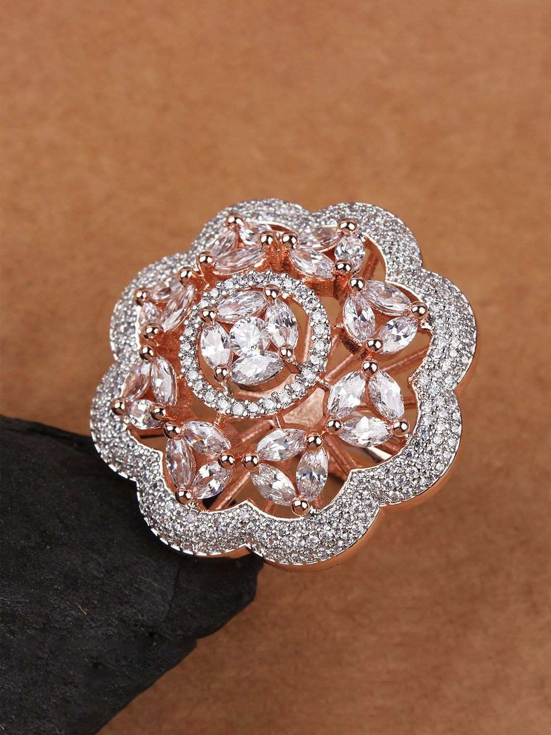 

Mirana Rose Gold-Plated American Diamond Studded Flower Designed Finger Ring