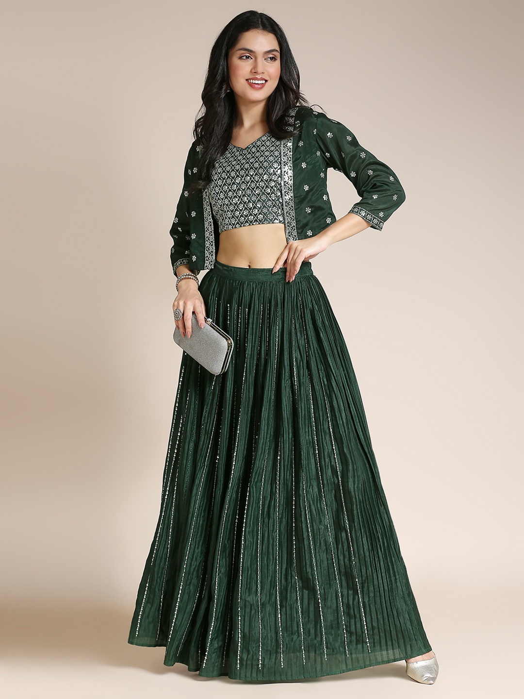 

MADHURAM Embroidered Ready to Wear Lehenga & Choli with Jacket, Olive