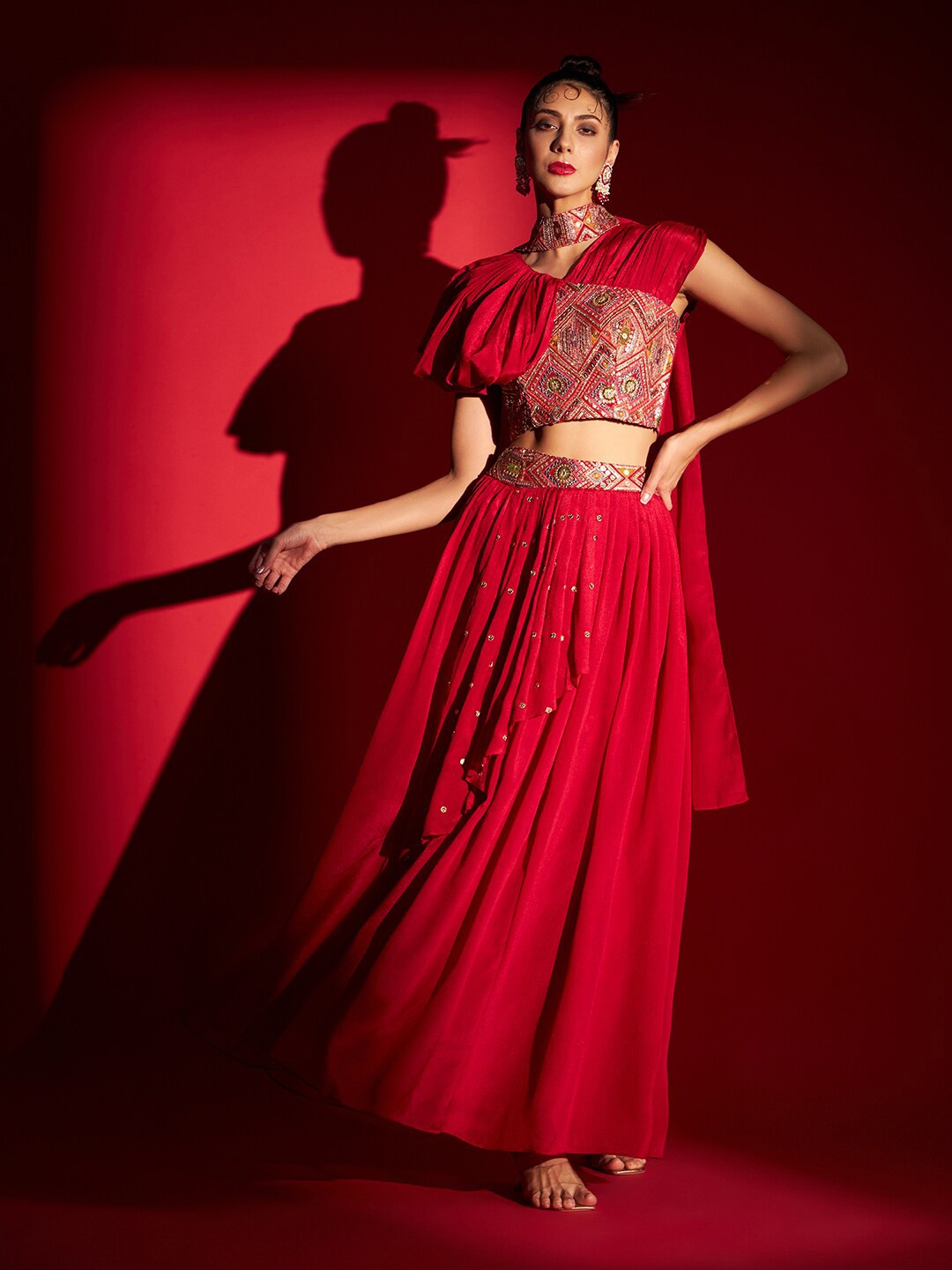 

MADHURAM Embroidered Sequinned Ready to Wear Lehenga & Choli with Dupatta, Red