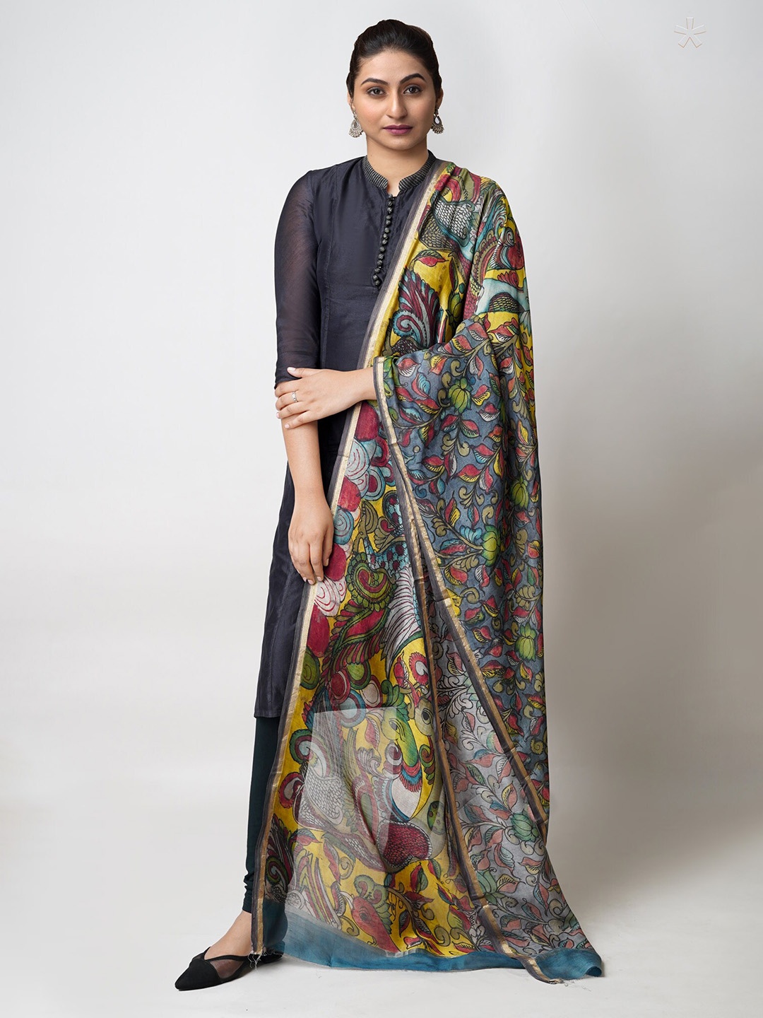 

Unnati Silks Ethnic Motifs Printed Zari Cotton Silk Kalamkari Dupatta, Yellow