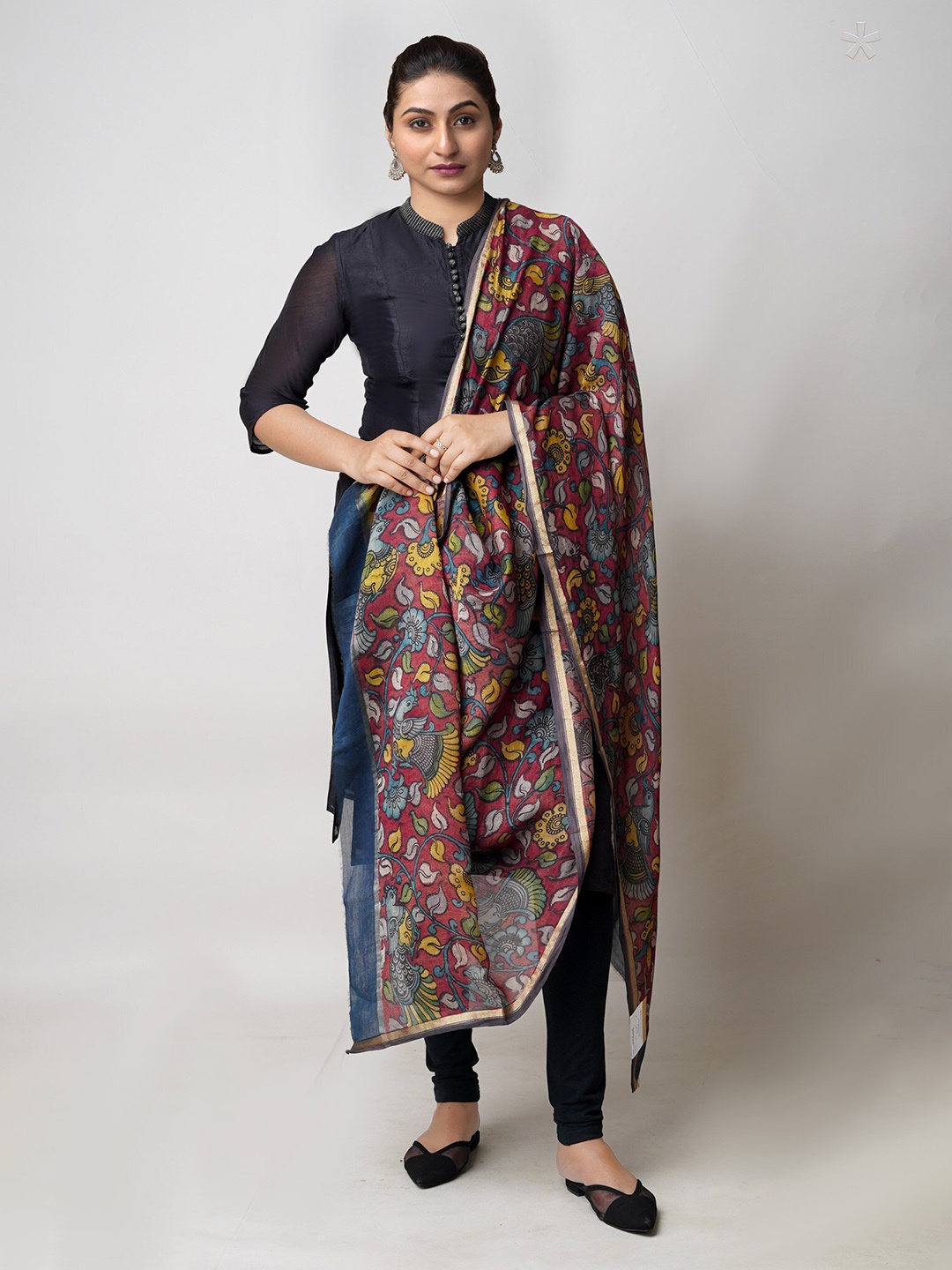 

Unnati Silks Ethnic Motifs Printed Kalamkari Zari Cotton Silk Dupatta, Red